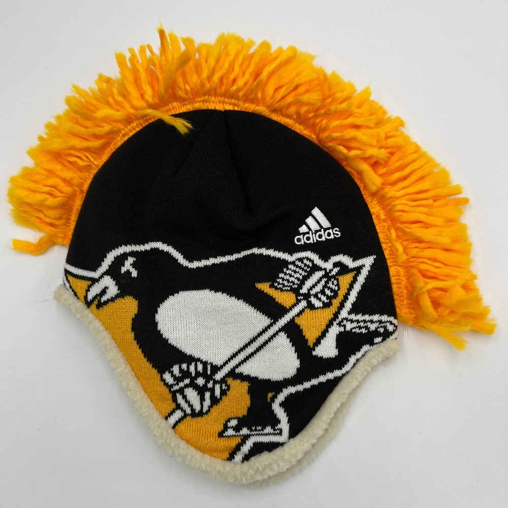 Adidas Pittsburgh Penguins NHL Mohawk Beanie Hat Black Gold Fleece Lined